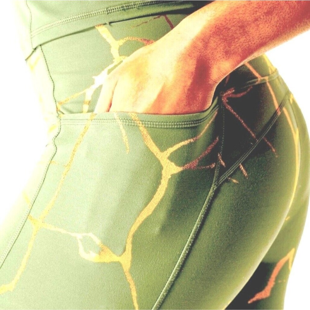 Sweaty Betty Yoga Leggings Womens M 8 10 Green Gold Super Soft Workout Wabi Sabi